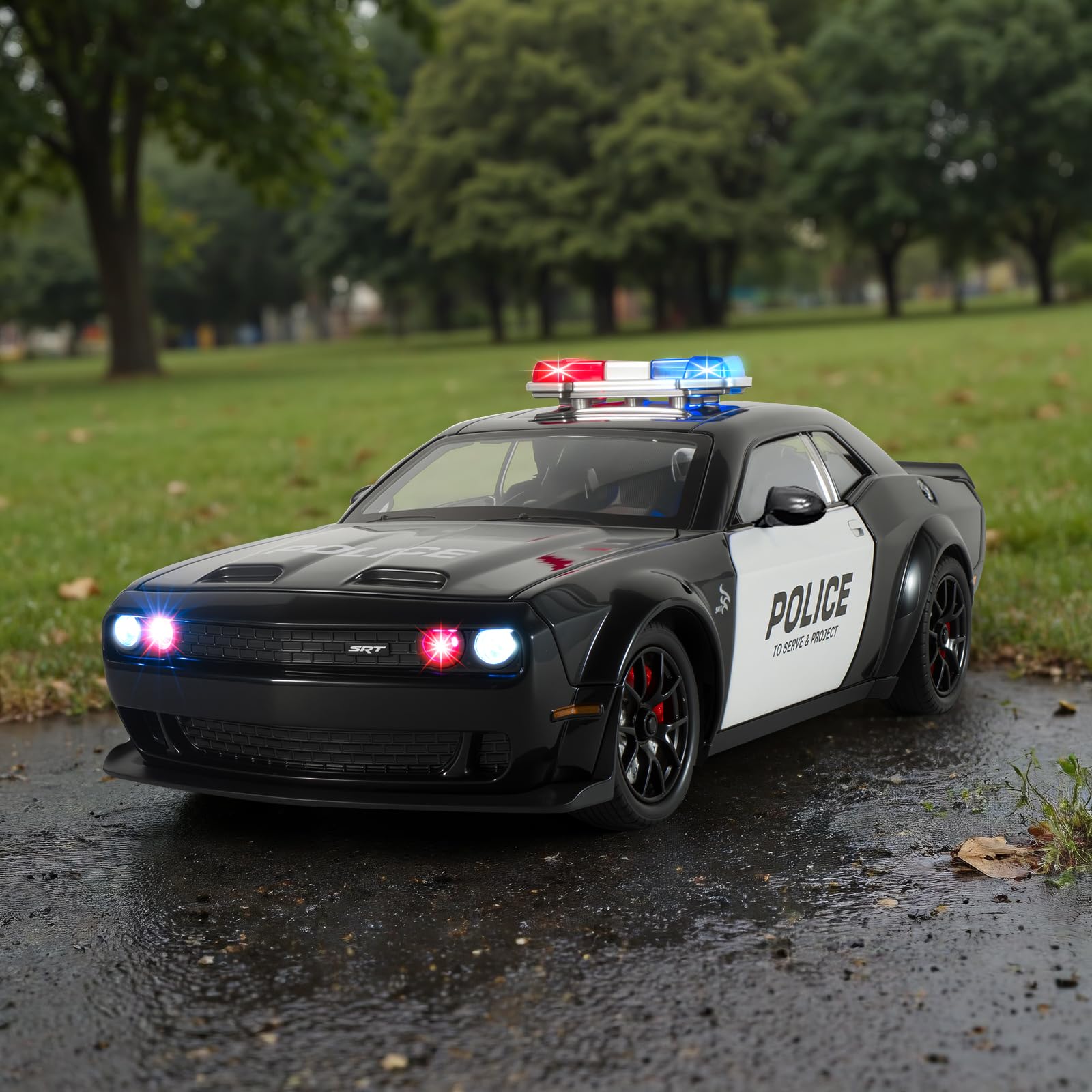 FRJV Diecast Hellcat police car shows front wheels steering and shock absorbers for realistic handling