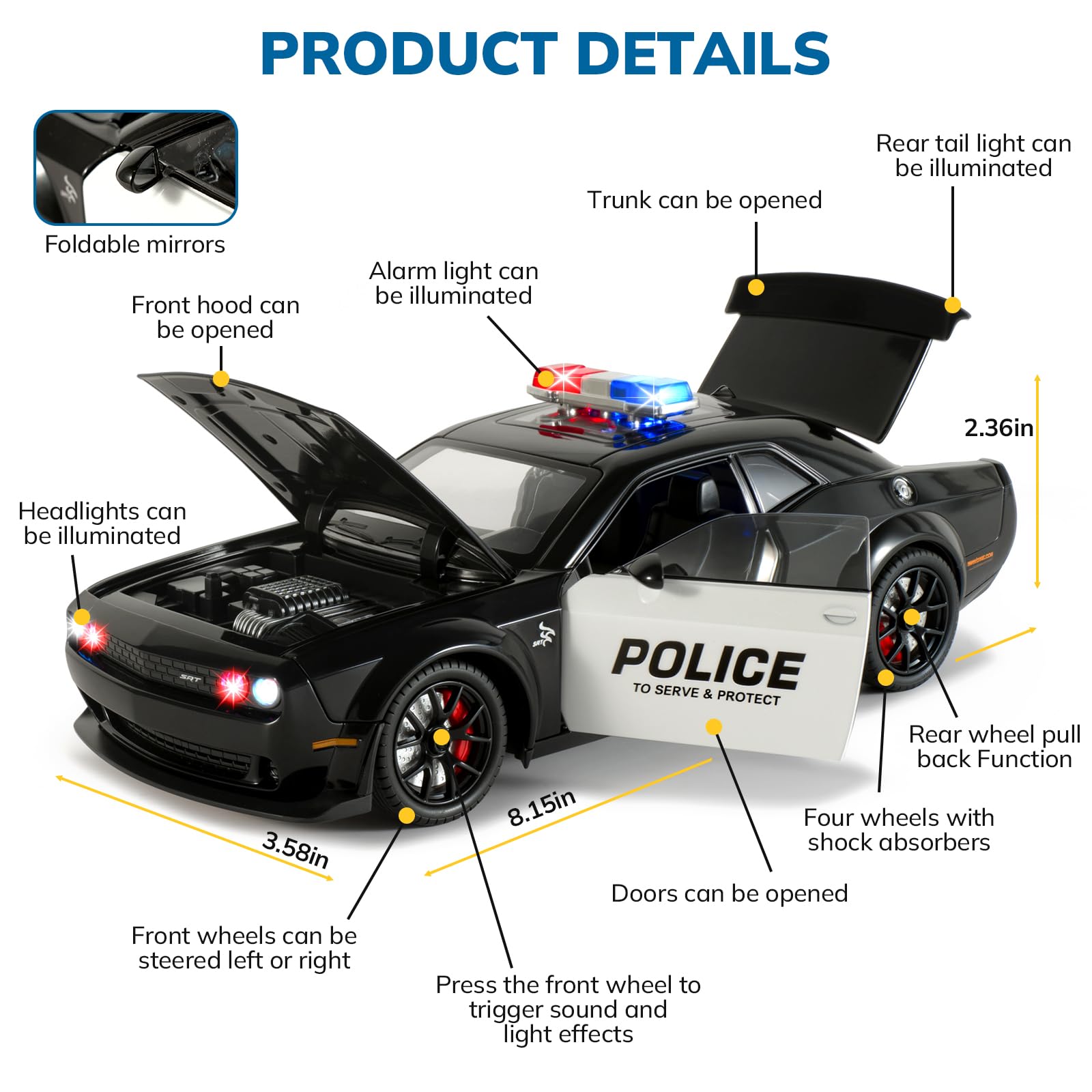 FRJV Hellcat police car side view highlights pull-back action for quick, action-packed pretend play