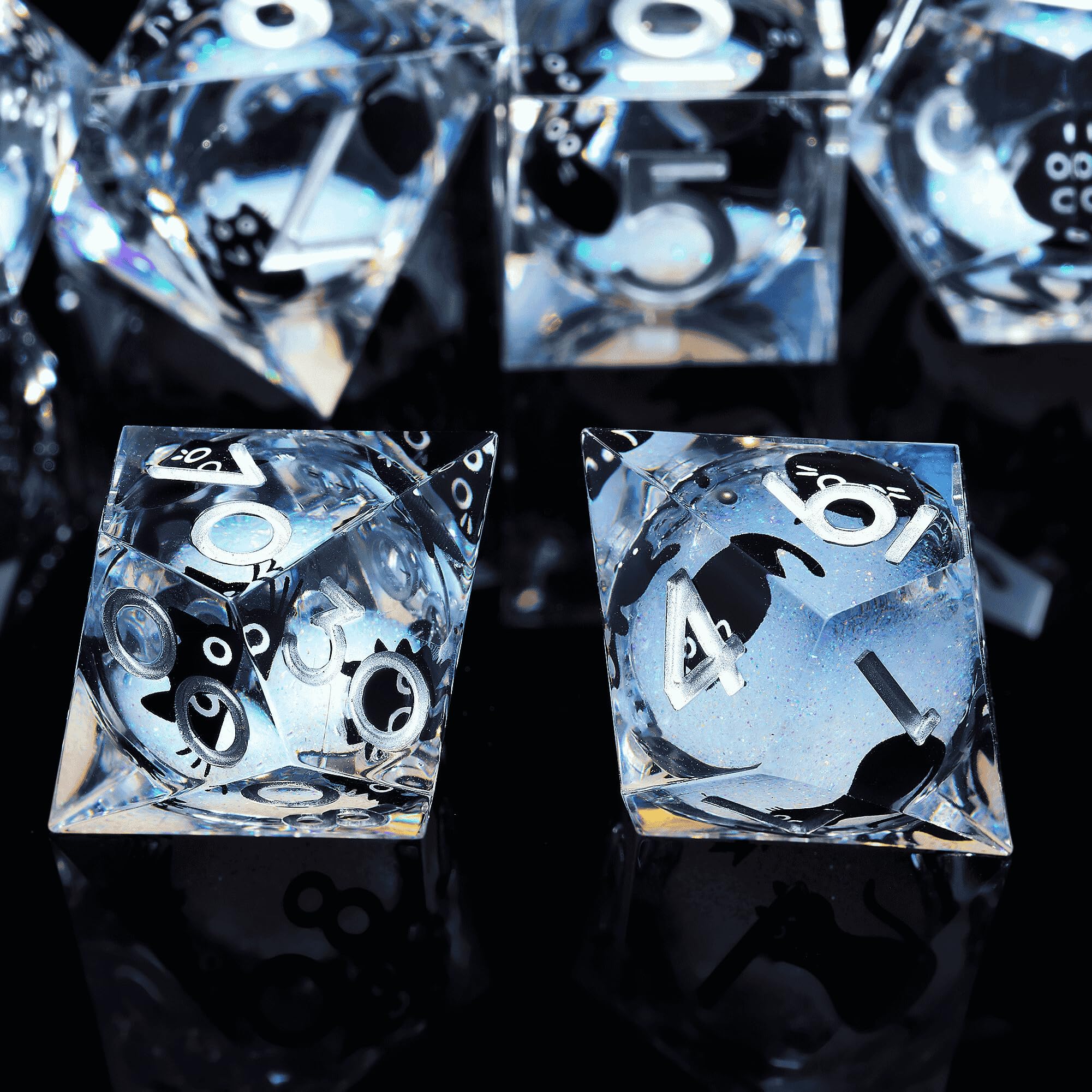 Froggod resin dice showcase white cat design