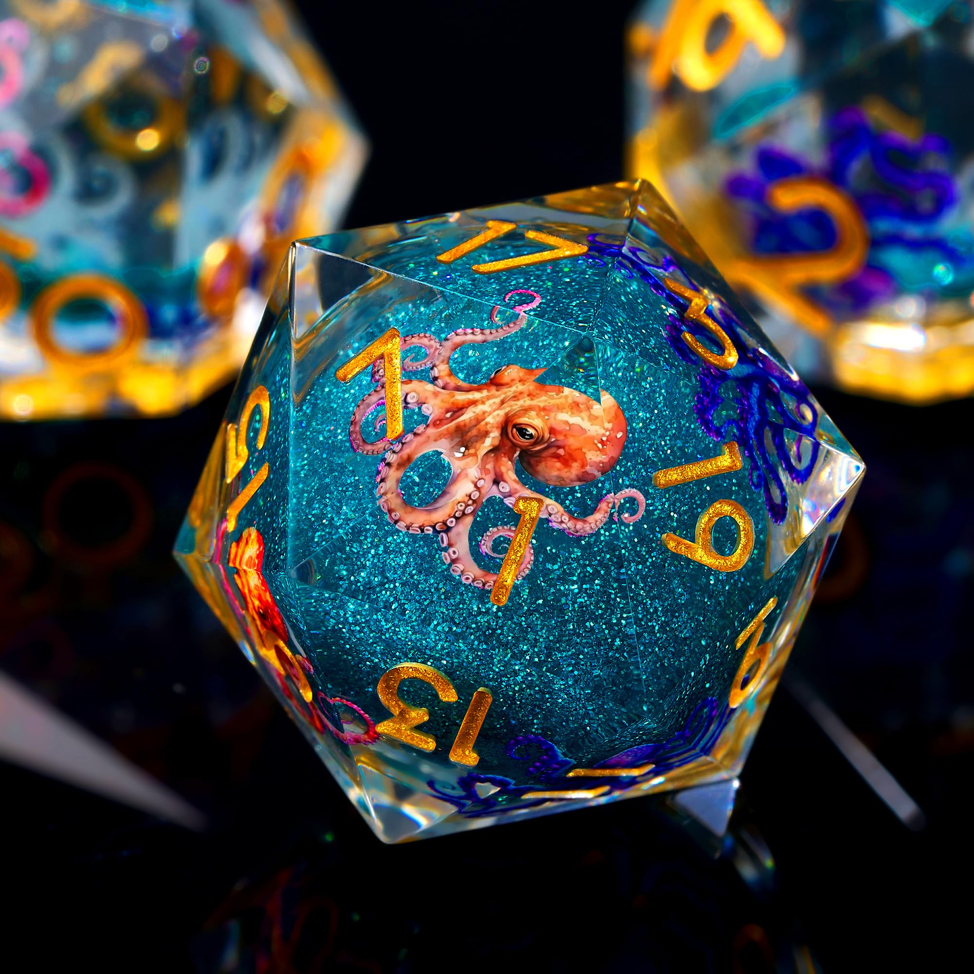 Froggod Octopus Liquid Core DND dice set in blue resin for balanced, readable rolls.