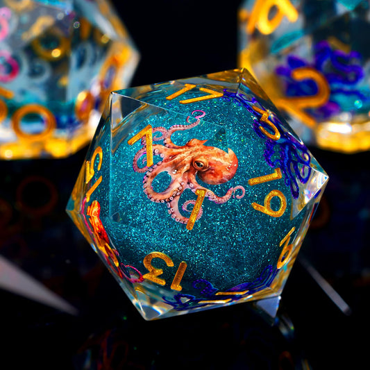 Froggod Octopus Liquid Core DND dice set in blue resin for balanced, readable rolls.