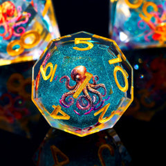 Froggod Octopus liquid core dice show engraved numbers for quick reading.