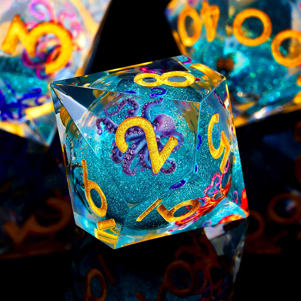 Froggod blue resin DND dice in a gift box ready for gifting.
