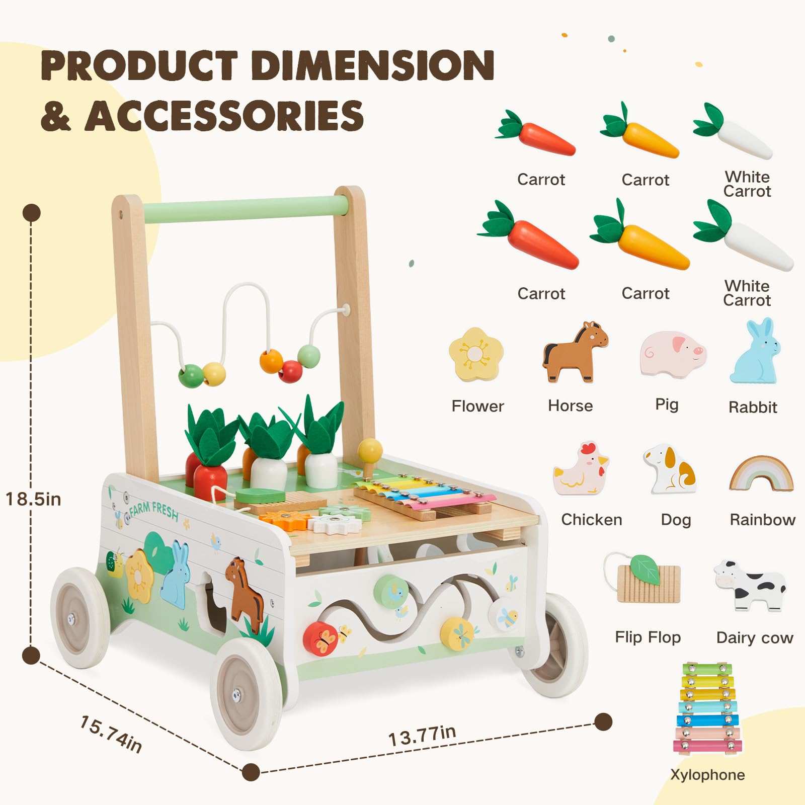 Frogprin farm-theme wooden walker, charming design for toddlers