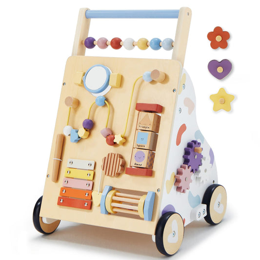 Frogprin wooden baby walker front panel with mirror to spark self-recognition.