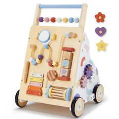 Frogprin wooden baby walker front panel with mirror to spark self-recognition.