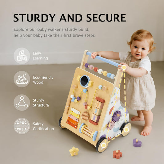 Frogprin wooden baby walker mirrored panel supports early self-awareness during play.