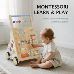 Frogprin wooden baby walker shapes sorter supports color recognition and problem solving.