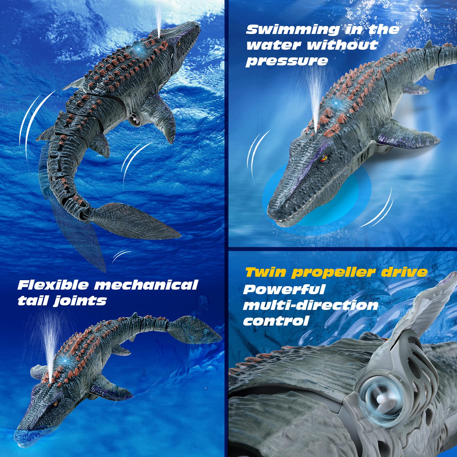fromeasy Mosasaurus with LED lights and water spray for night fun.