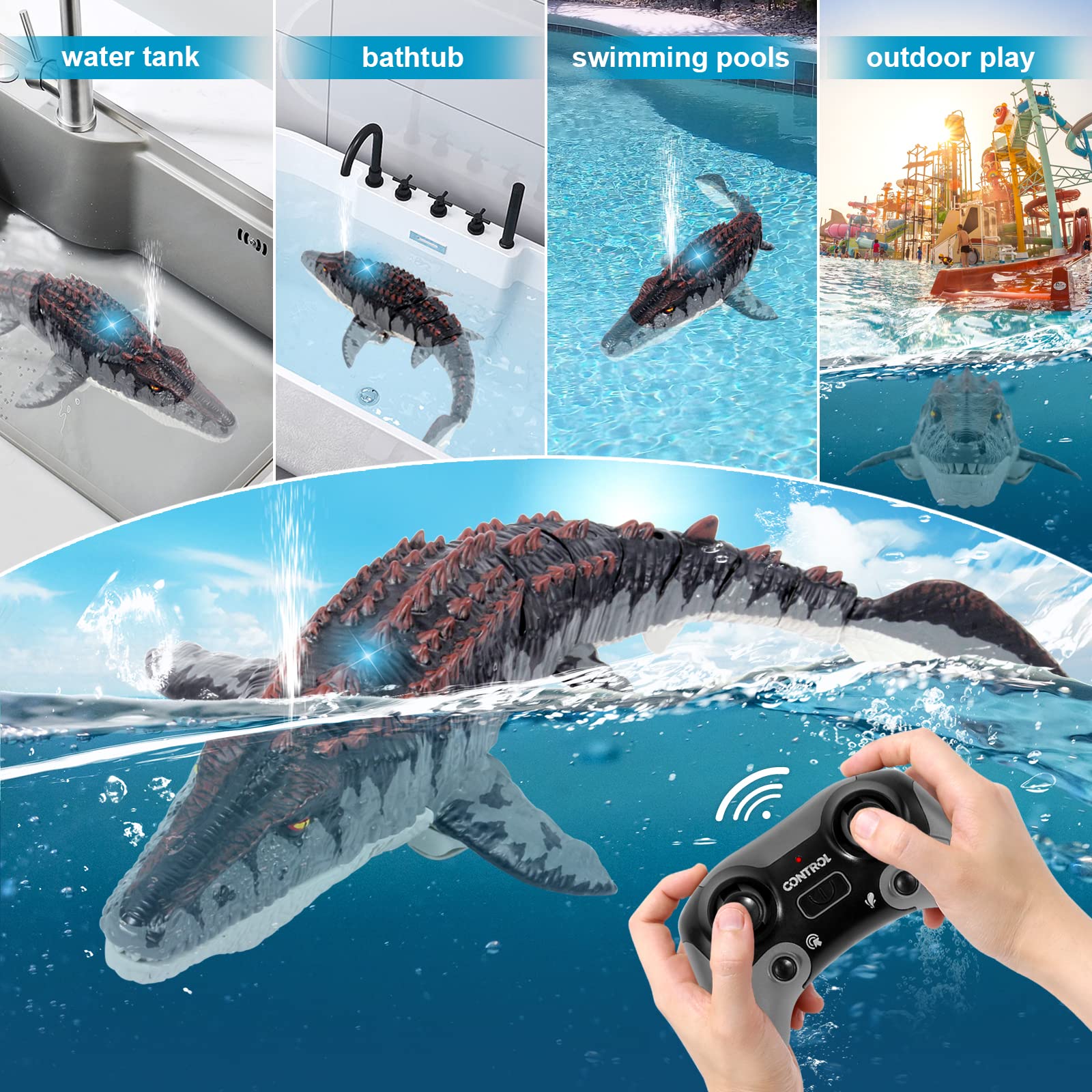 Fromeasy Mosasaurus with waterproof remote for fearless pool gaming