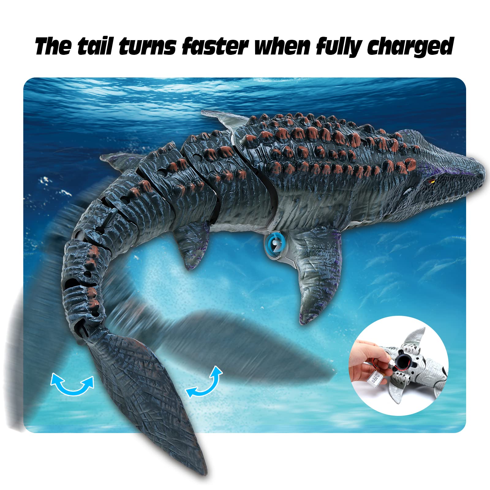 fromeasy Mosasaurus remote control in 2.4GHz for precise steering.