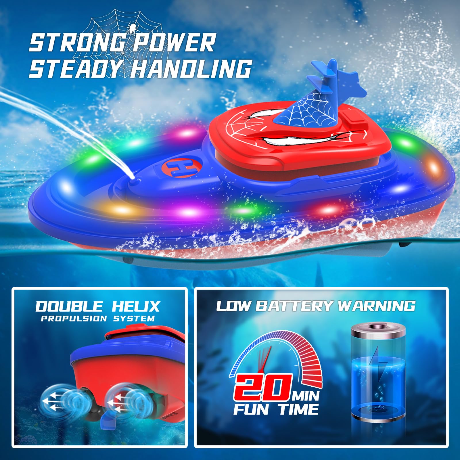 Fromeasy Spider Boat LED night scene shows bright lights for night water play.