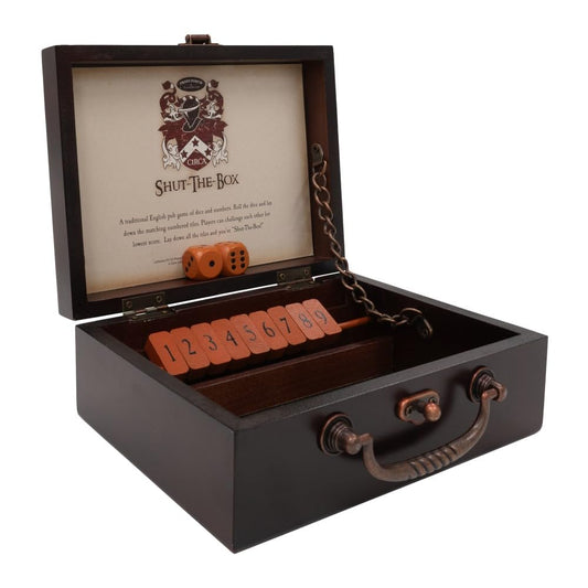 Front Porch Classics Circa Shut the Box wooden box on display, highlighting craftsmanship and family game night use