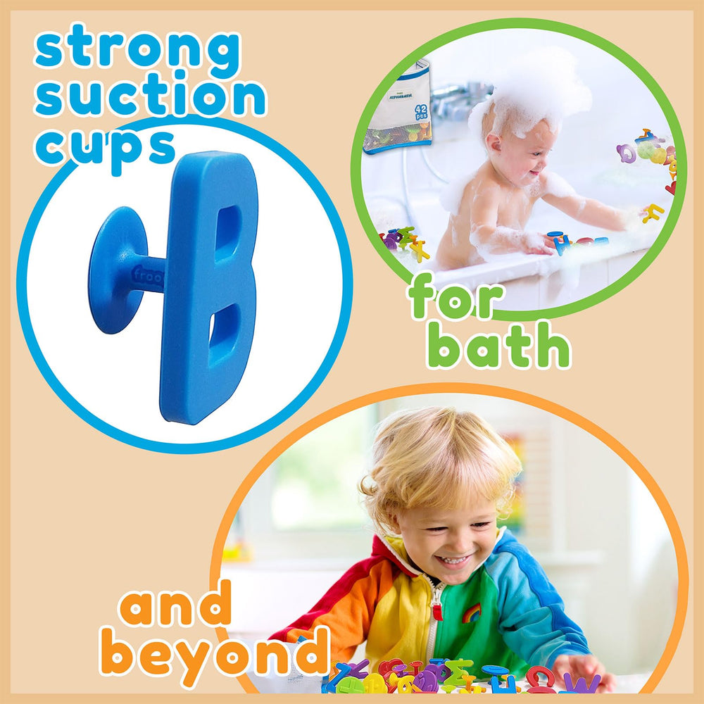 Froogly Alphabath toys adhere to tubs, windows, and more for versatile play