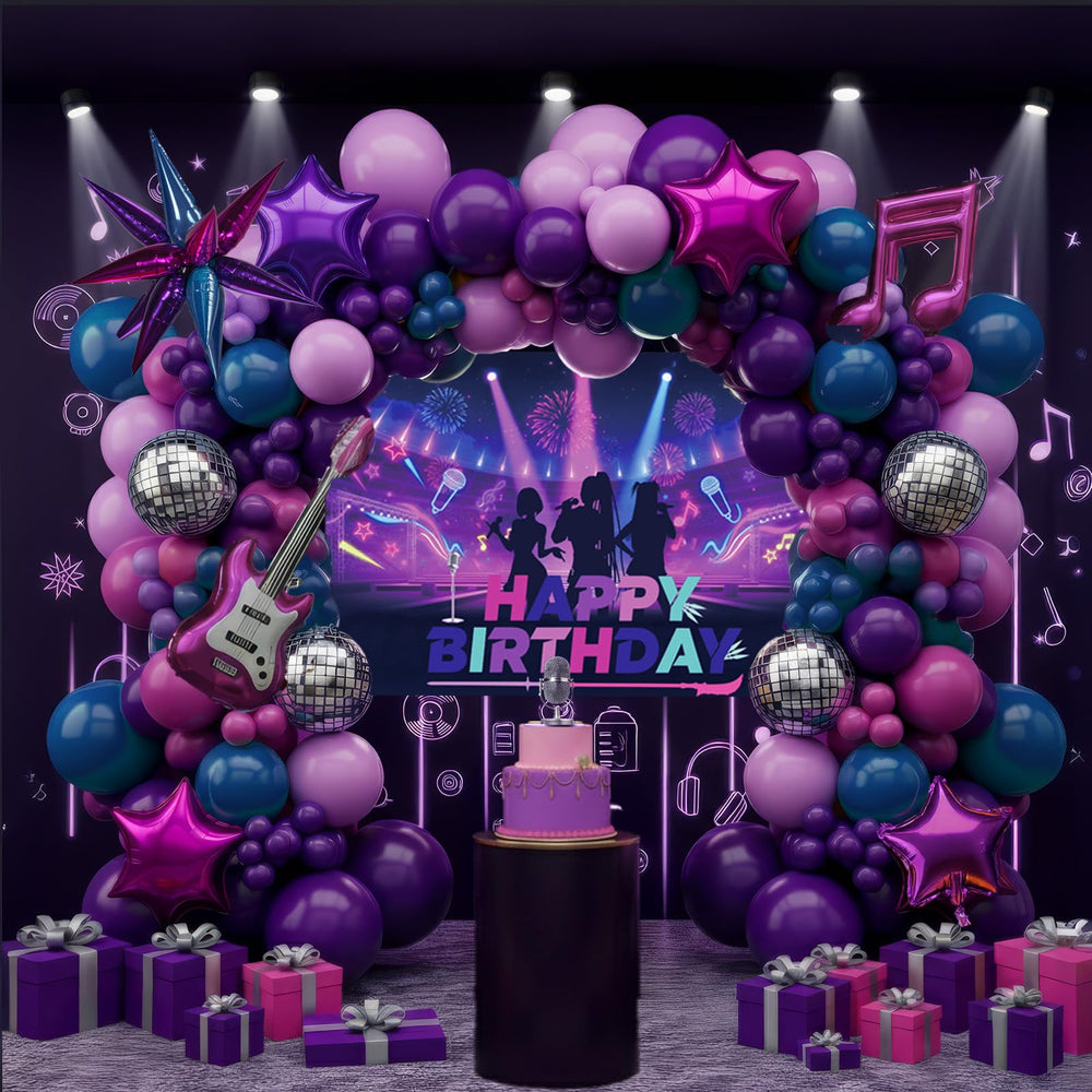 Froufing kpop balloon arch with guitars for a vibrant party backdrop