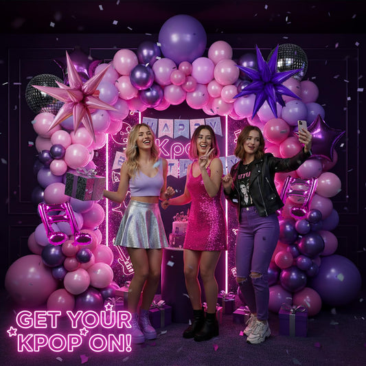 Froufing k-pop balloon arch metal purple adds vibrant color to celebrations.
