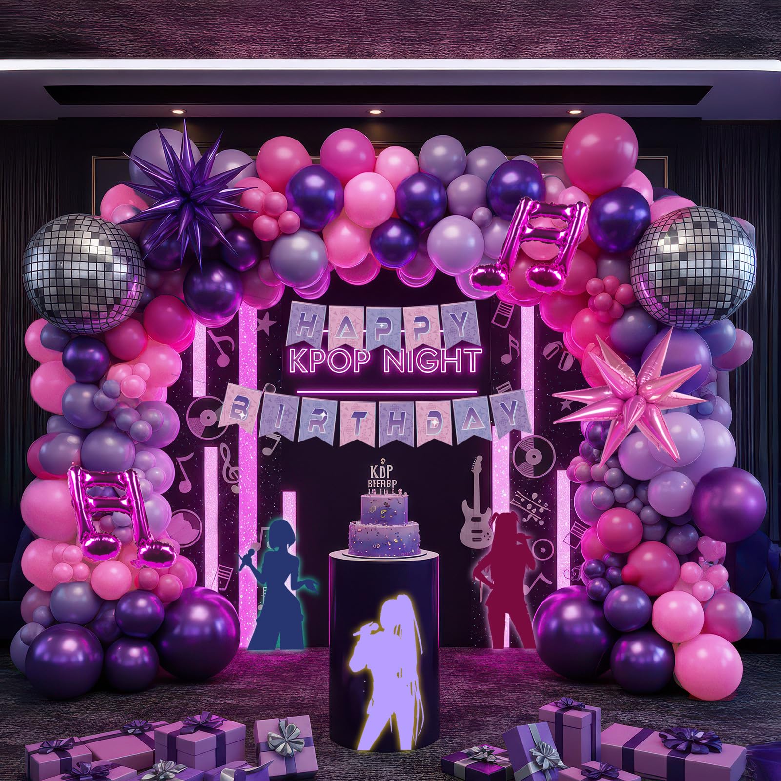 Froufing k-pop balloon arch pink creates a bold party backdrop for photos.