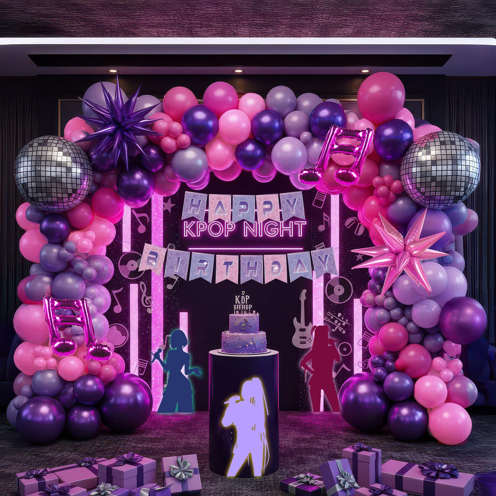 Froufing k-pop balloon arch pink creates a bold party backdrop for photos.
