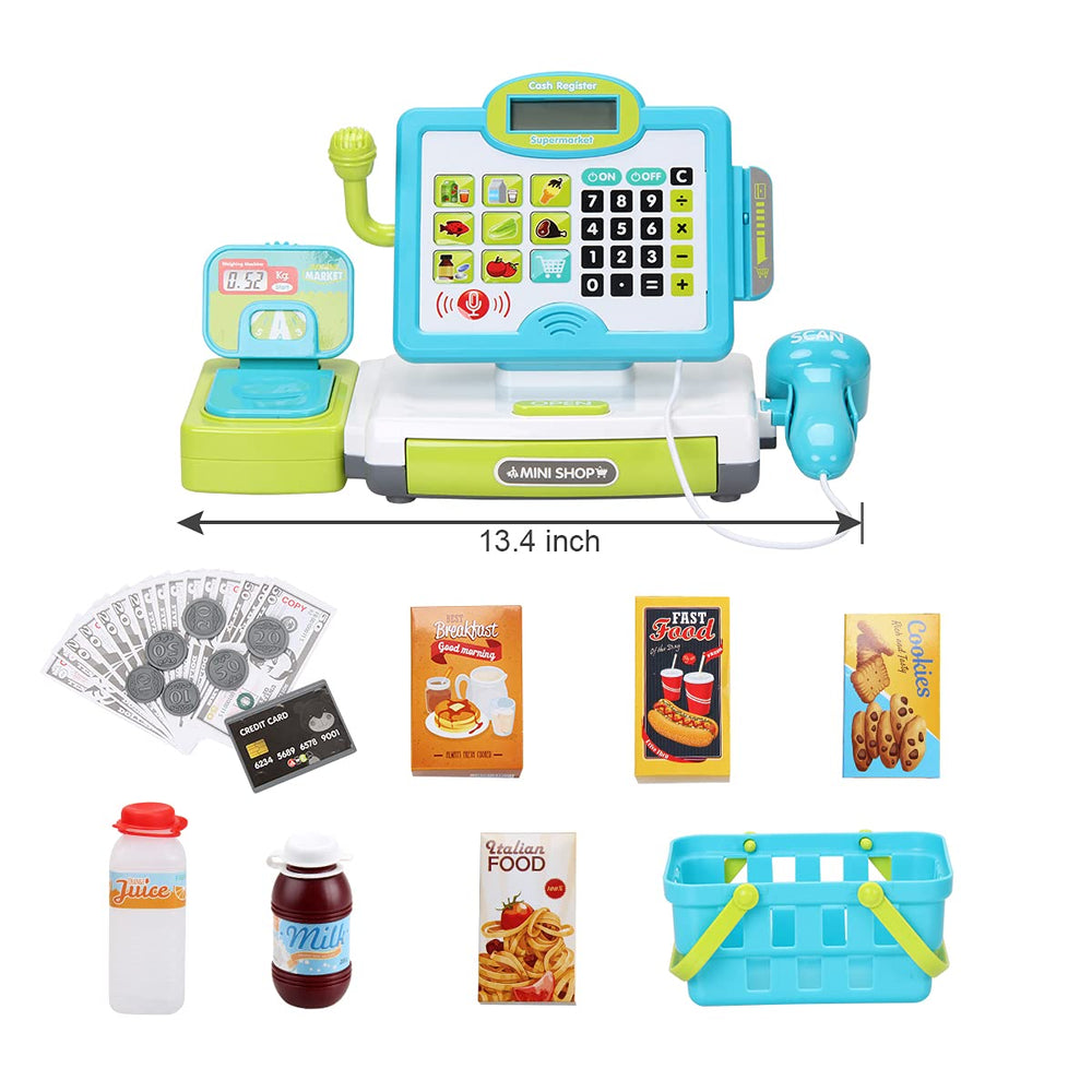 Child playing with FS cash register toy in a pretend store