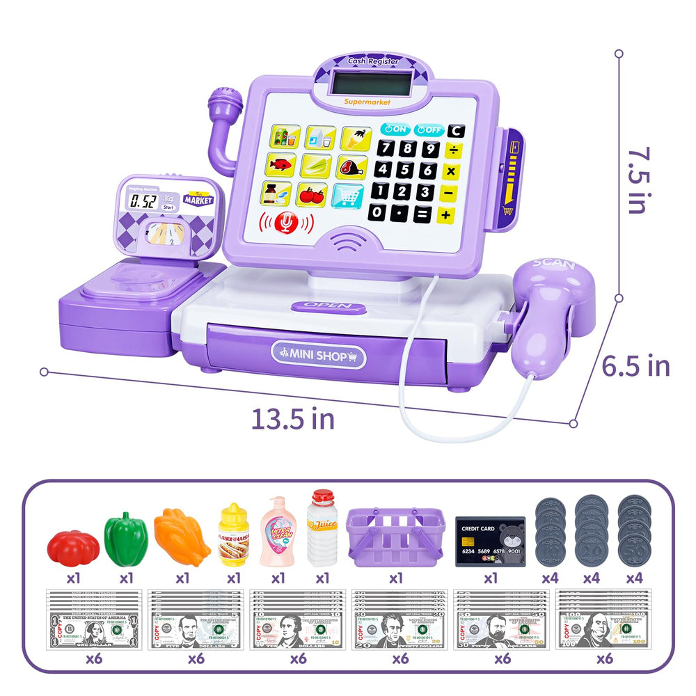 FS Pretend Play Cash Register purple button panel close-up with labeled keys
