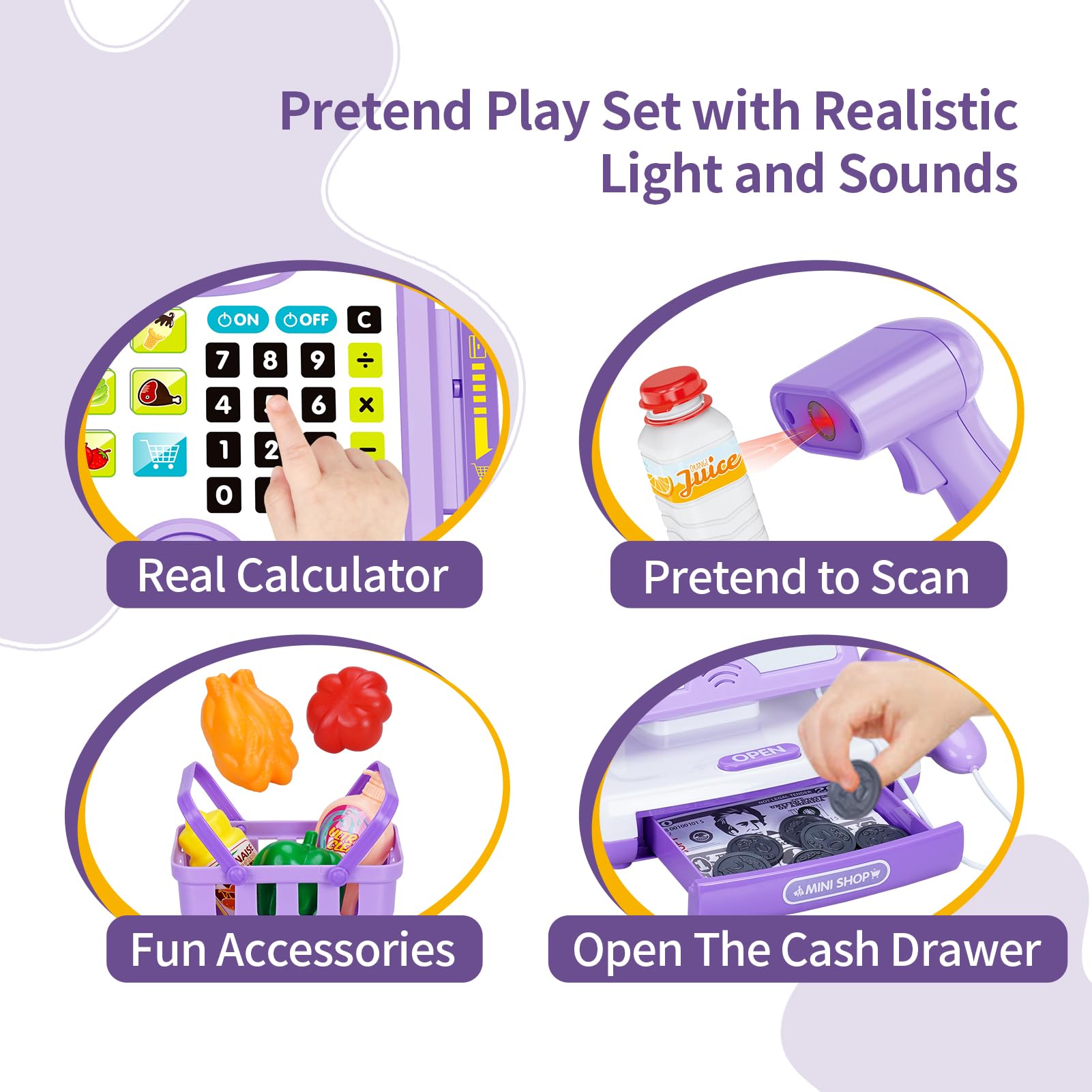 FS Pretend Play Cash Register purple drawer open for pretend money