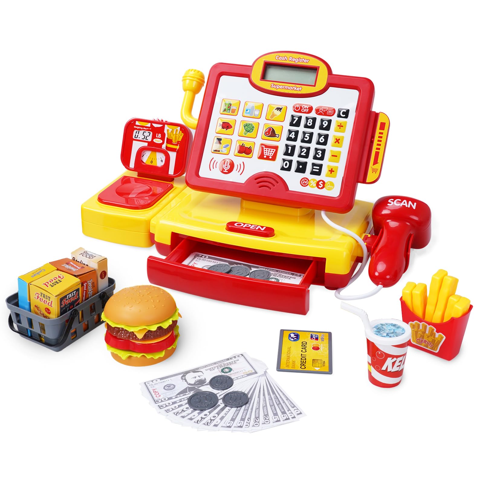 FS Toy Cash Register barcode scanner for realistic pretend shopping and counting practice.