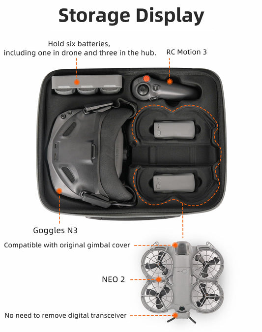 FSIDIWT Neo 2 Carrying Case interior layout with organized slots for drone, goggles, and controller.