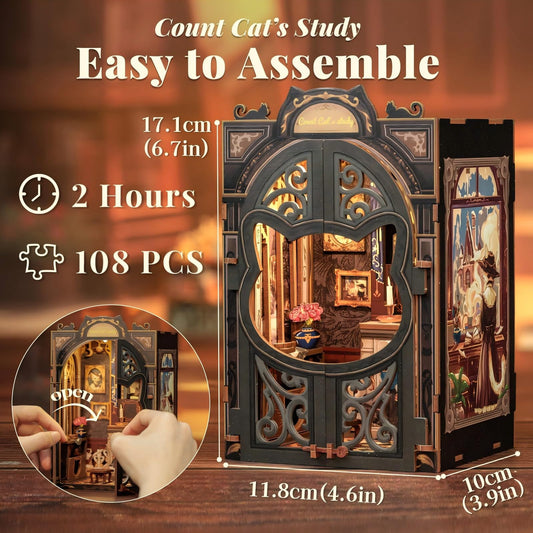 Fsolis Book Nook Count Cat's Study LED-illuminated scene lighting the page edges