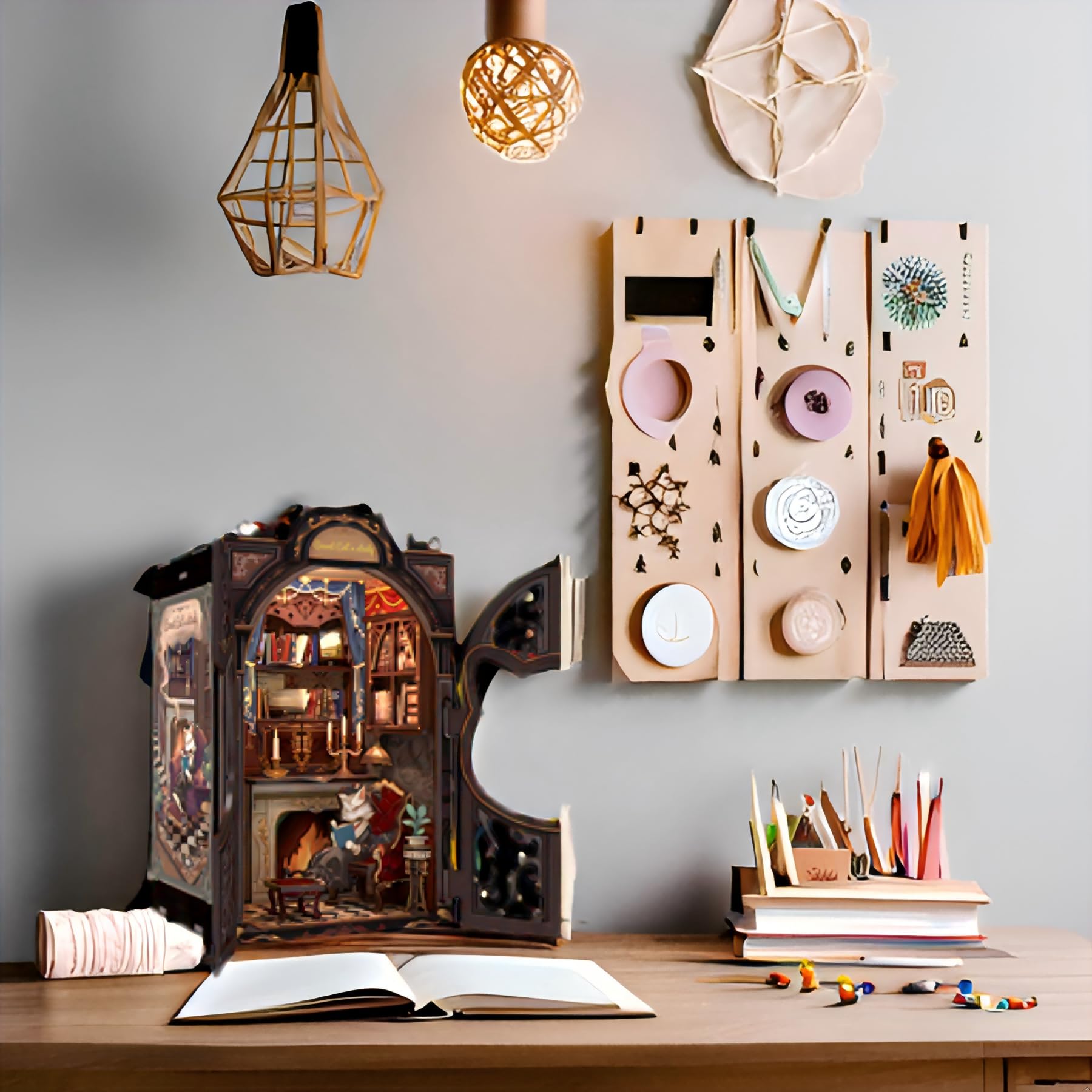 Fsolis Book Nook Count Cat's Study as bookshelf decor on a desk