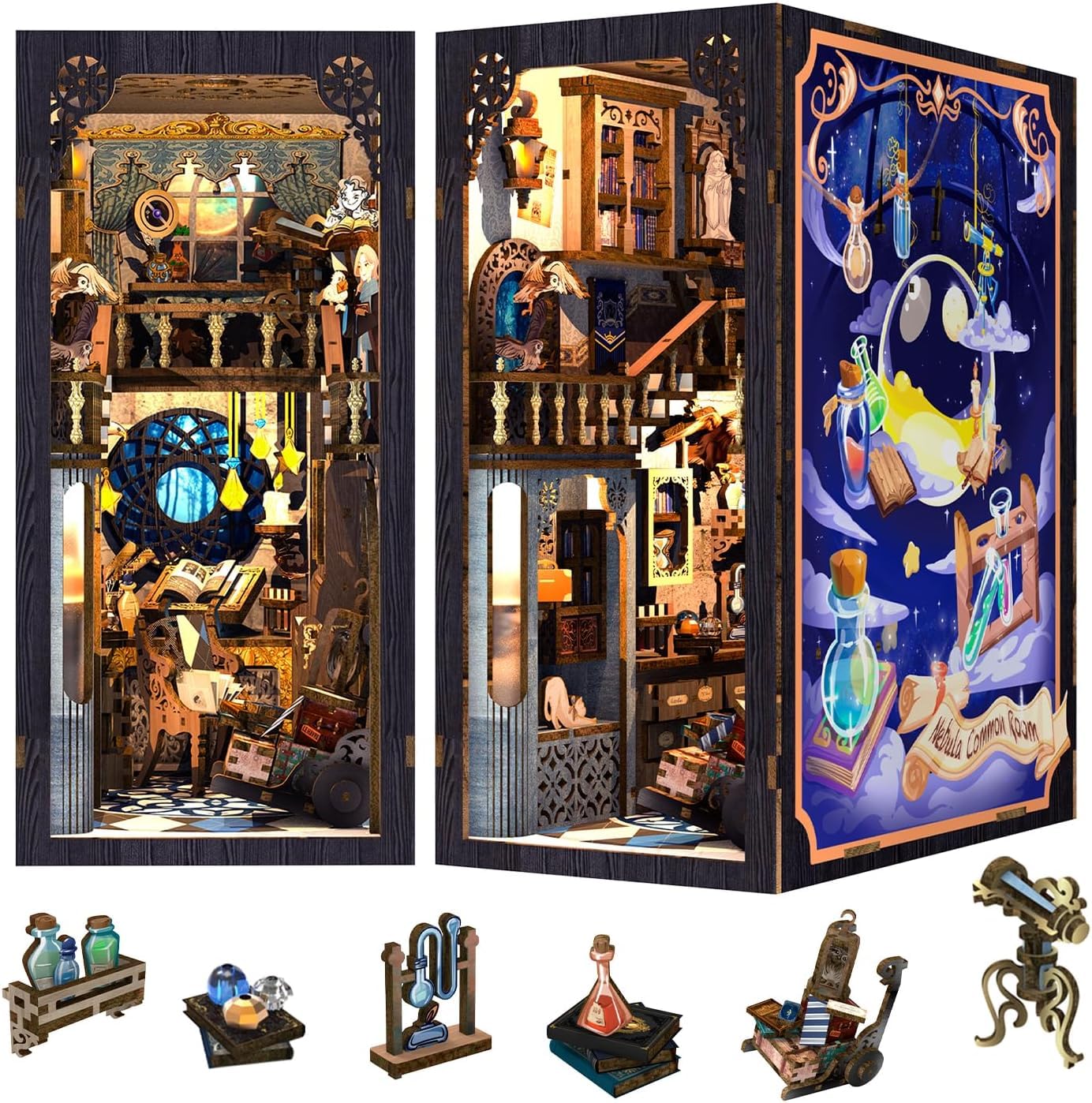 Fsolis Book Nook Kit nebula scene assembly on shelf as a decorative focal point