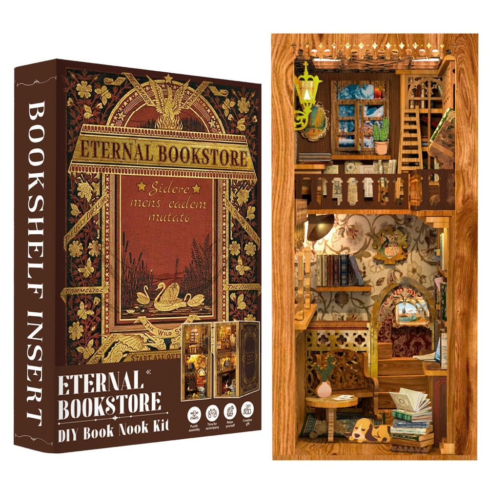 Fsolis Book Nook Kit assembly pieces on wood form a miniature library scene for shelves