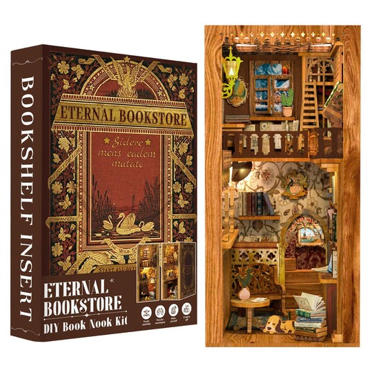 Fsolis Book Nook Kit assembly pieces on wood form a miniature library scene for shelves