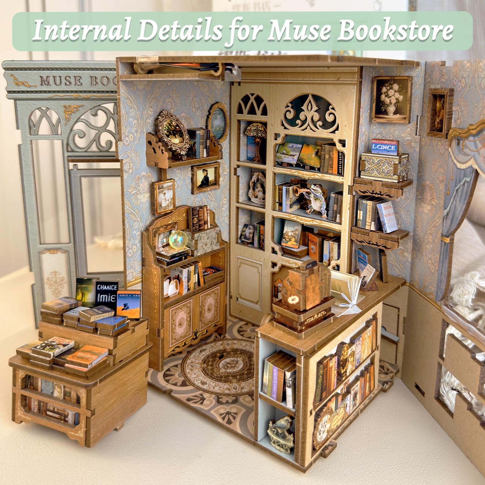 Fsolis Book Nook Kit assembly process showing pre-cut pieces and guide