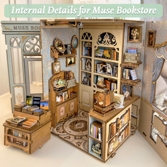 Fsolis Book Nook Kit assembly process showing pre-cut pieces and guide