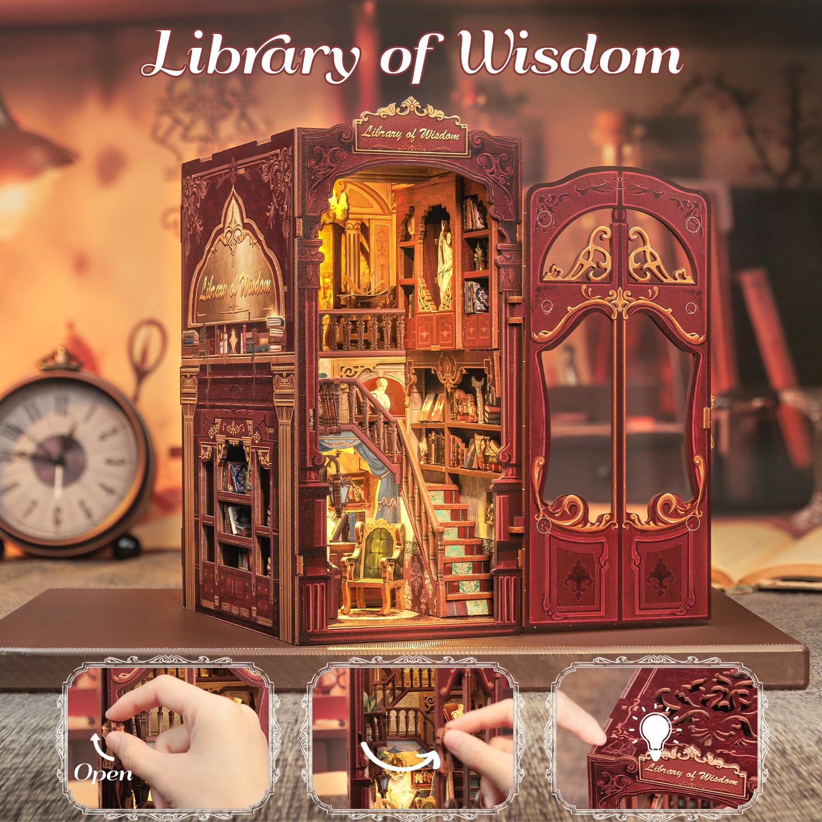 Fsolis Book Nook Kit LED lighting enhances shelf ambiance.