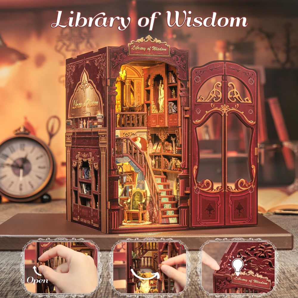 Fsolis Book Nook Kit LED lighting enhances shelf ambiance.