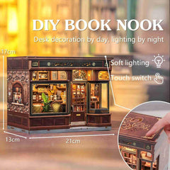 Fsolis Book Nook Kit LED lights highlight the miniature cafe scene