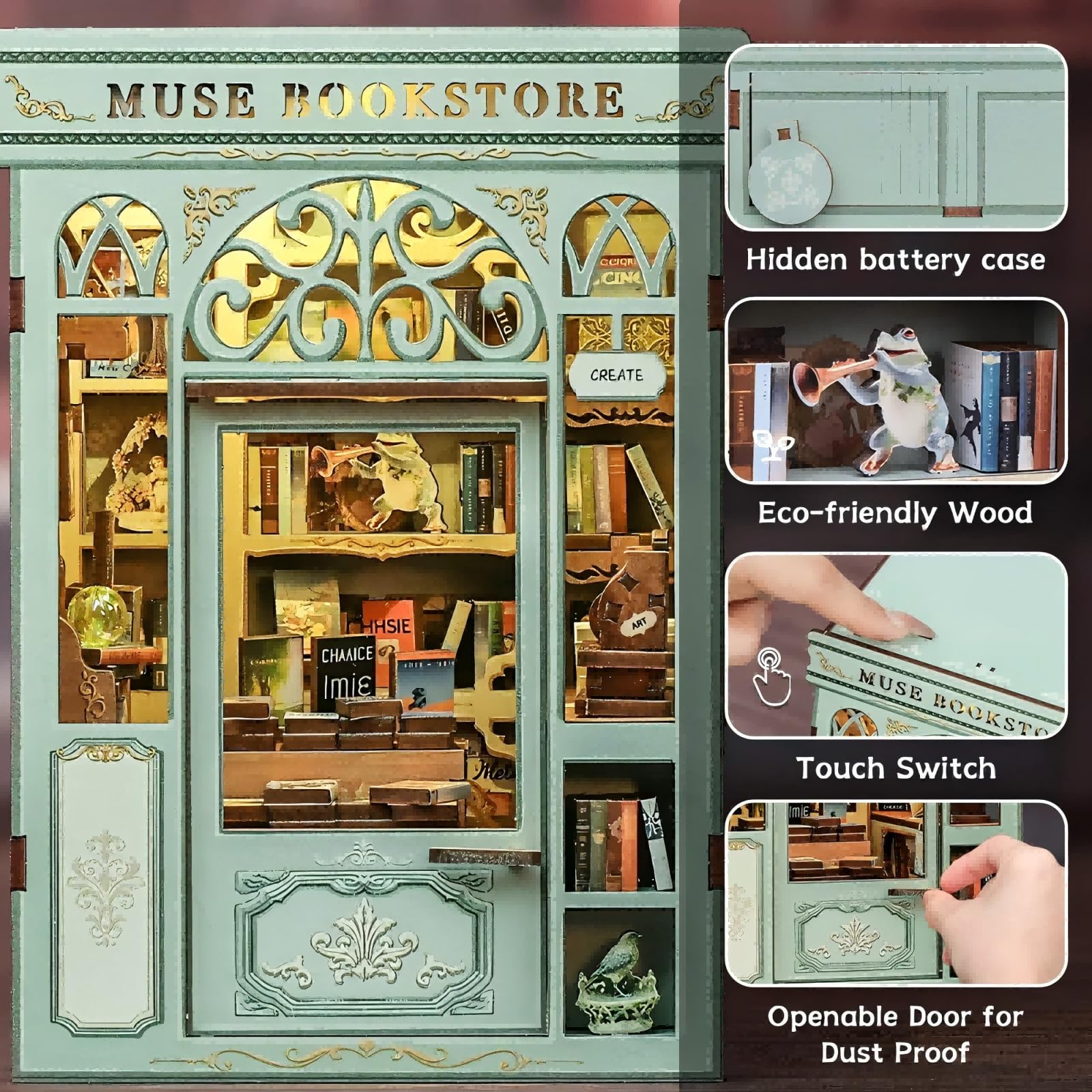 Miniature books and utensils included for authentic bookstore detail