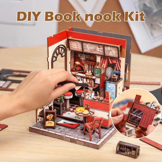 Fsolis Book Nook Kit miniature pizza shop scene adds bookcase charm.