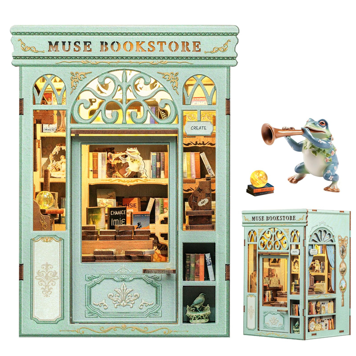 Fsolis Book Nook Kit front view with Muse Bookstore theme for shelf décor
