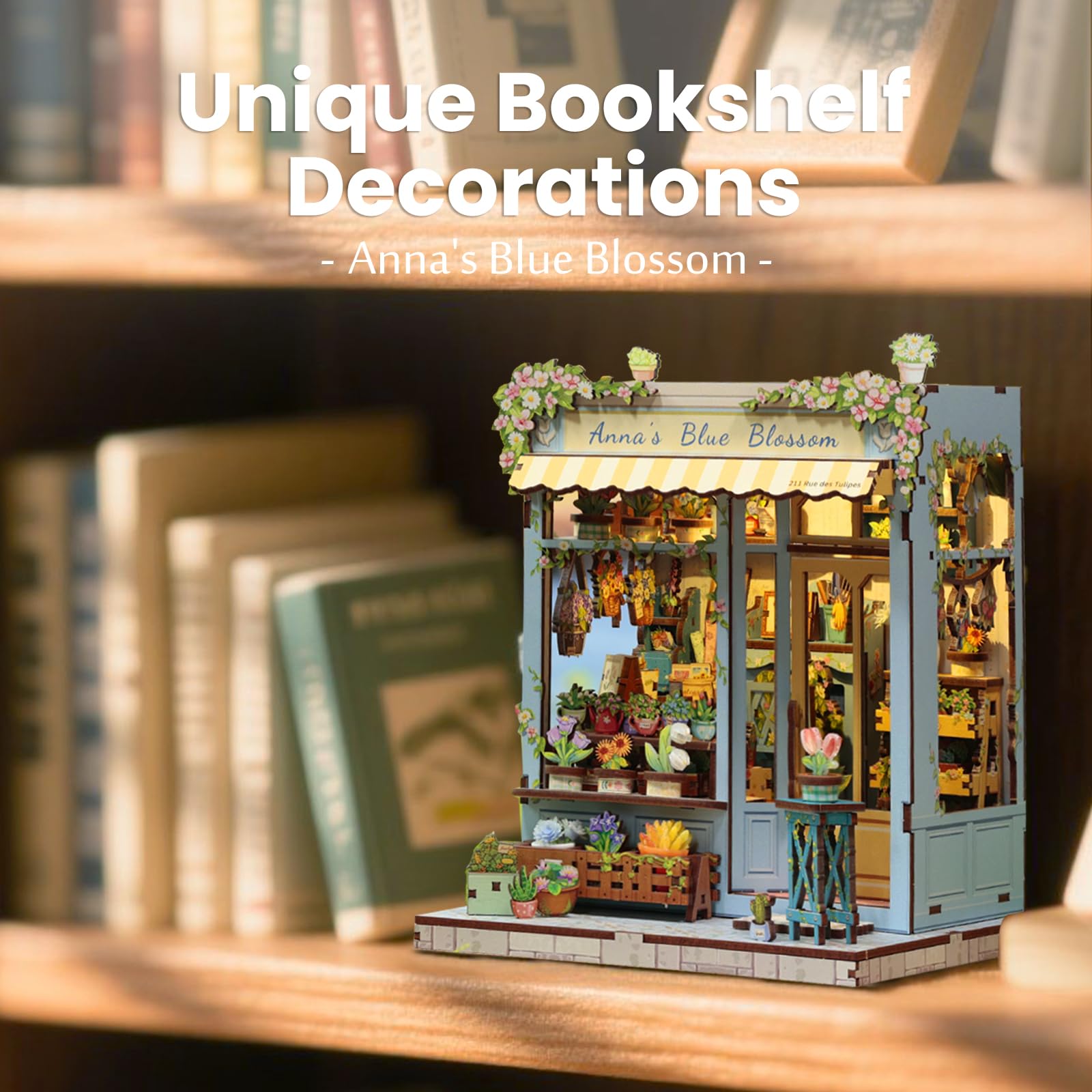 Fsolis Book Nook Kit on a bookshelf demonstrates whimsical decor