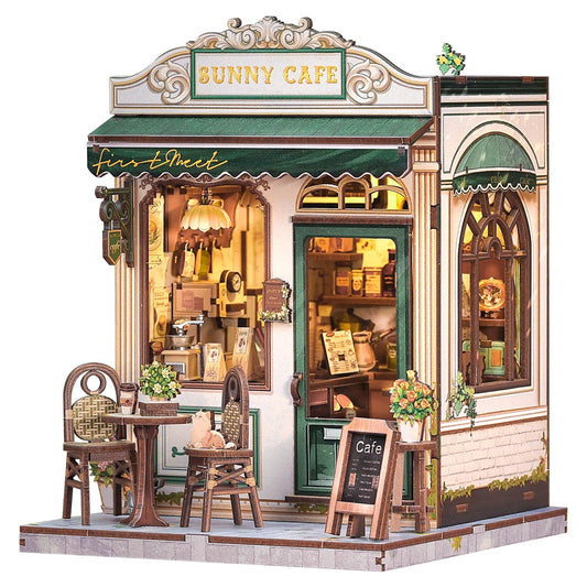 Fsolis Book Nook Kit sunny cafe scene on a bookshelf for cozy reading