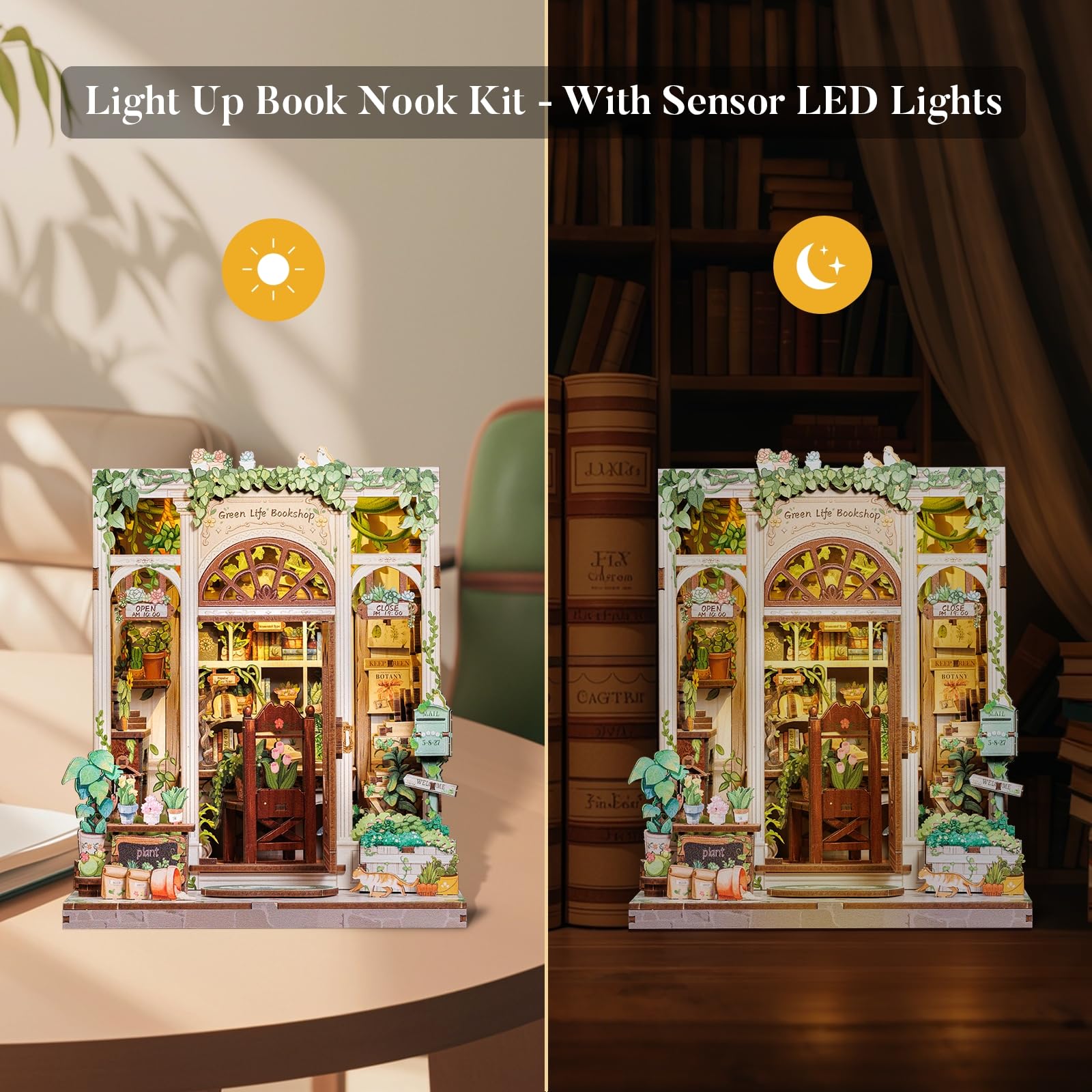 Fsolis Book Nook Kit tiny house model adds shelf charm.