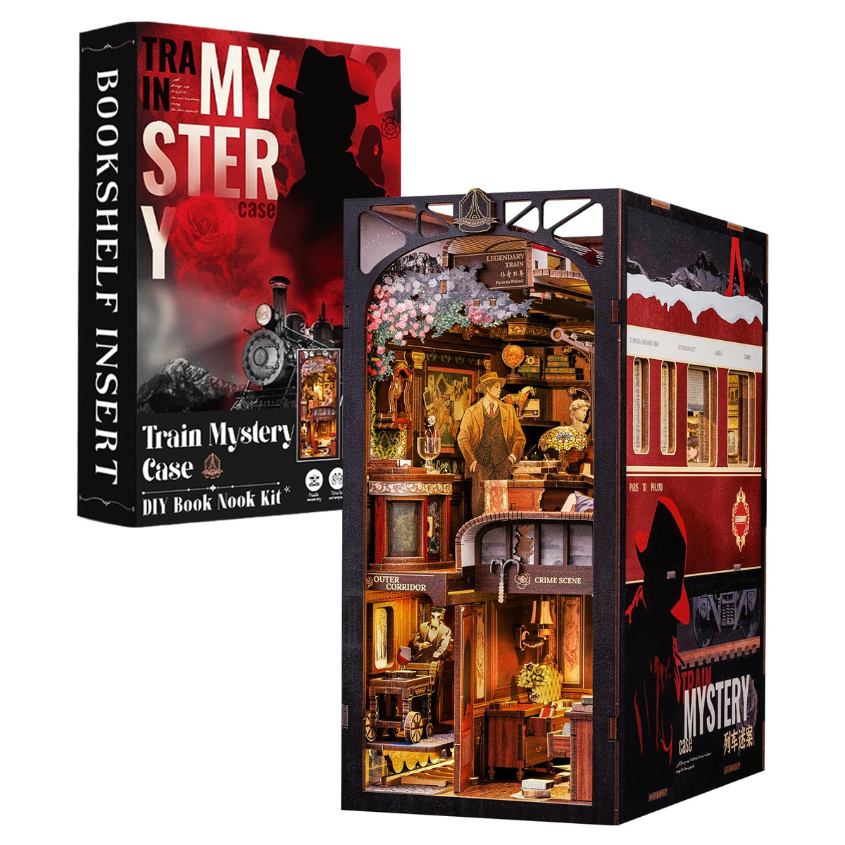 Fsolis Book Nook Kit train mystery case assembly with precise parts for shelves.
