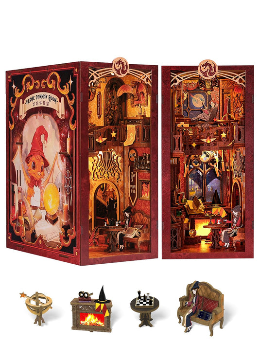 Fsolis Book Nook Kit shows wood pieces with precision laser-cut details for hobbyists