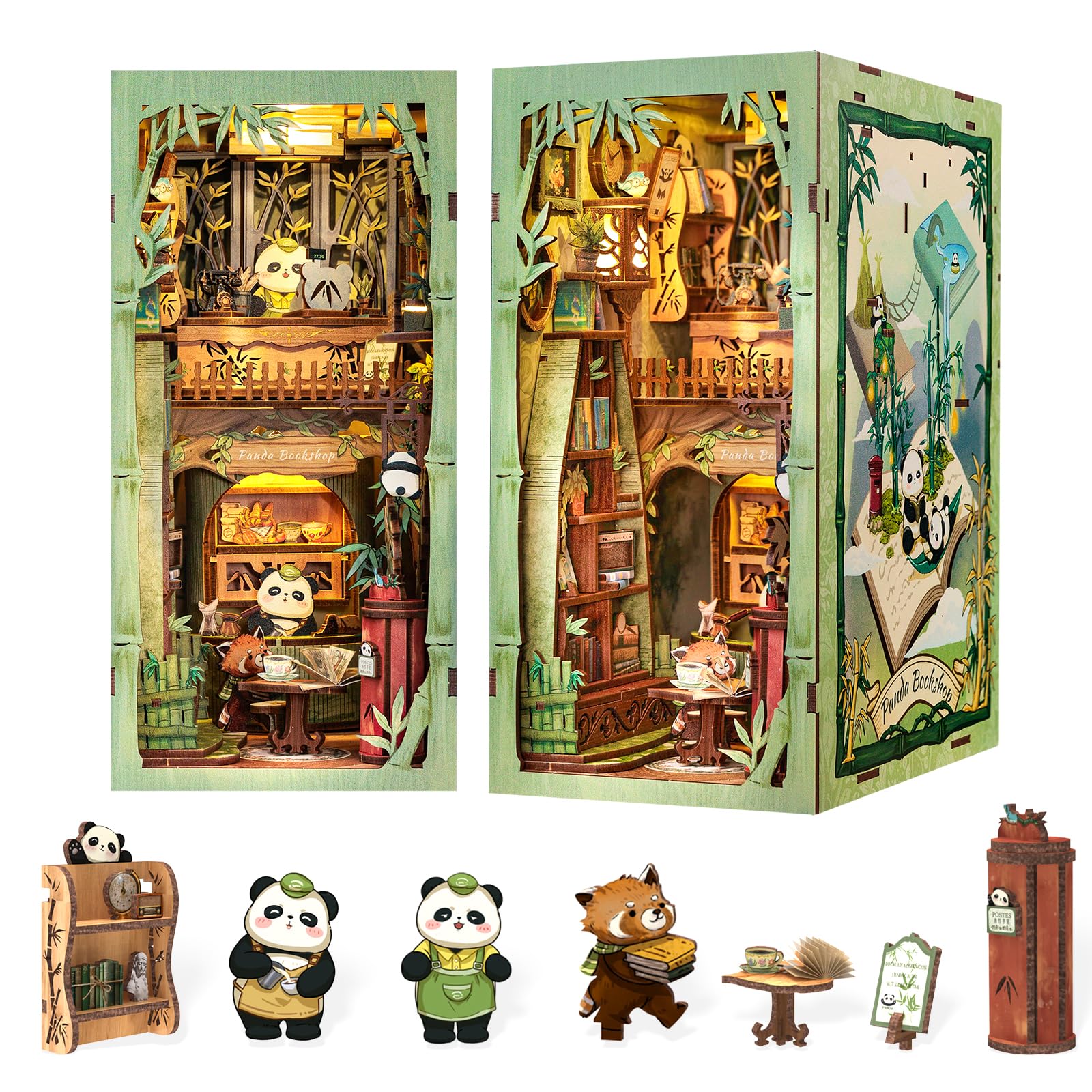 Fsolis Panda Bookshop assembly kit for shelves creates a charming miniature scene.