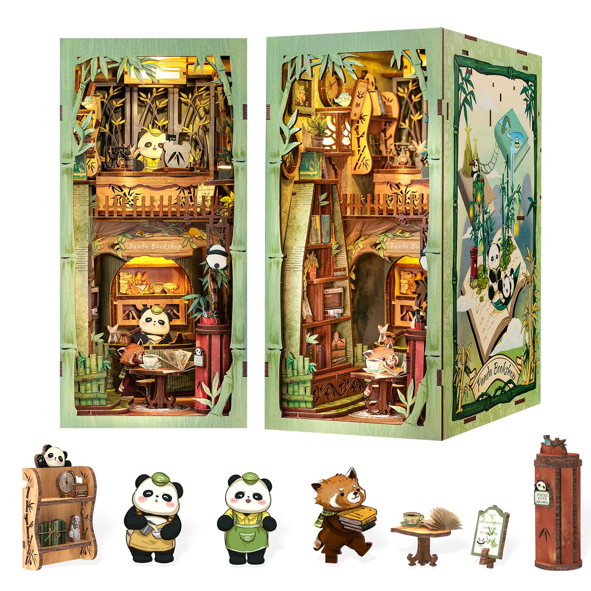 Fsolis Panda Bookshop assembly kit for shelves creates a charming miniature scene.