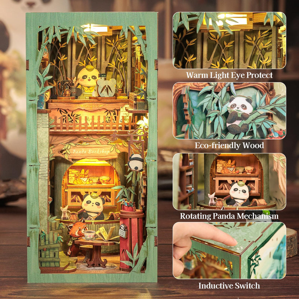 Fsolis Panda Bookshop shelf decor adds whimsy and style to a shelf.