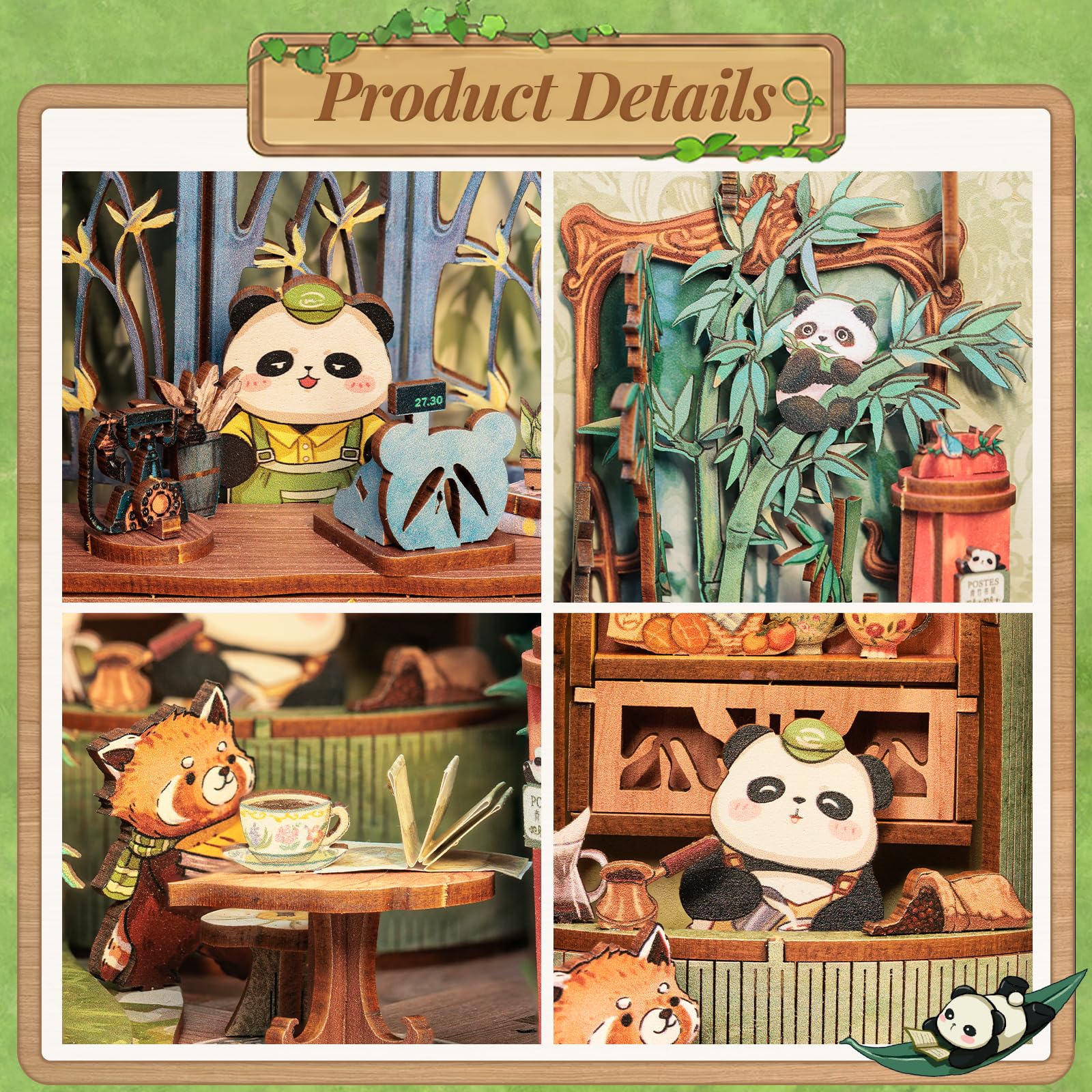 Fsolis Panda Bookshop wood pieces show durable, laser-cut craftsmanship for builds.