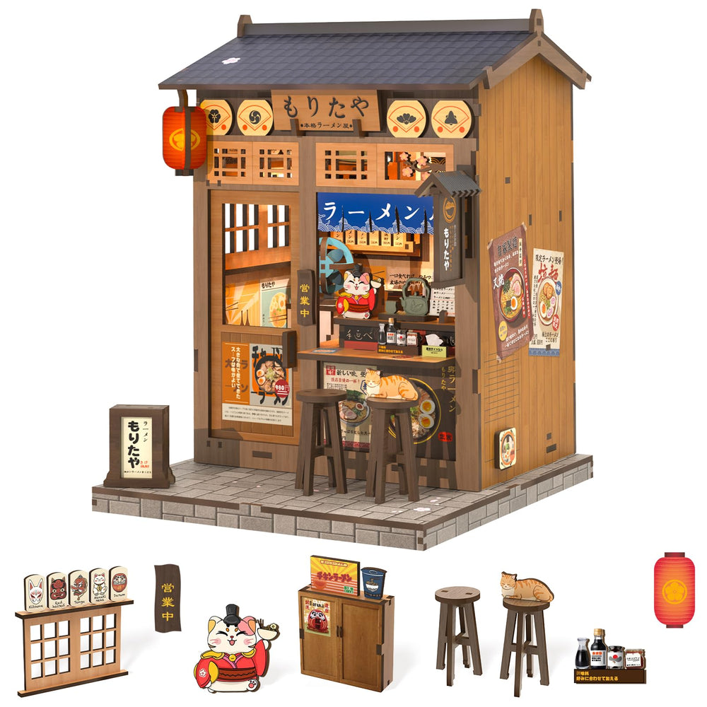 Fsolis Japanese Book Nook Kit with wooden pieces for a ramen shop diorama.